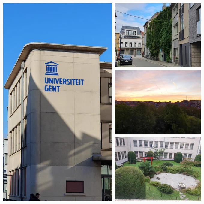 Four pictures: The Blandijnberg building of UGent, a cute house overgrown with ivy, the sunrise over Ghent, and the view from the first floor where mu office is located, a beautiful Japanese garden. 