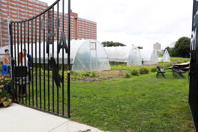 Greenhouses near the gate to Ohio City Farm.