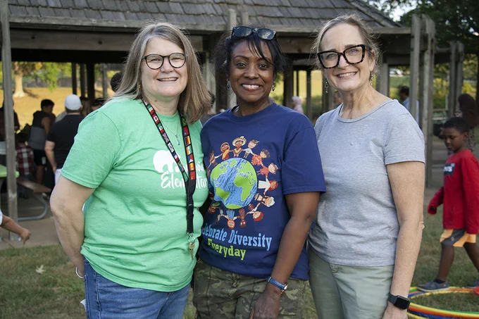 ESOL teachers from Ballwin, Westridge and Woerther elementary schools smile for a photo at Vlasis Park in Ballwin. 