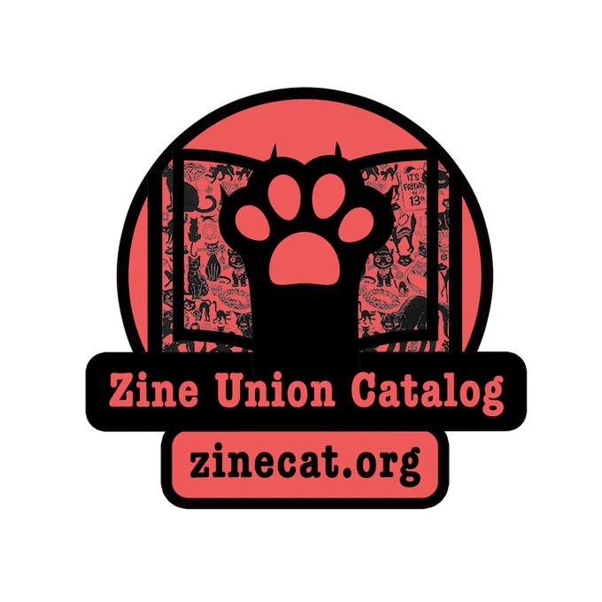 Zine Union Catalog logo, consists of a black and red paw on a black and red book