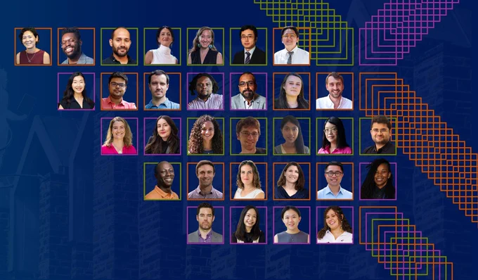 A panel of 31 smiling photos of individual faculty, framed by orange, green and fuchsia boxes with those frames extending from the filed of photos - all set against a dark blue background 