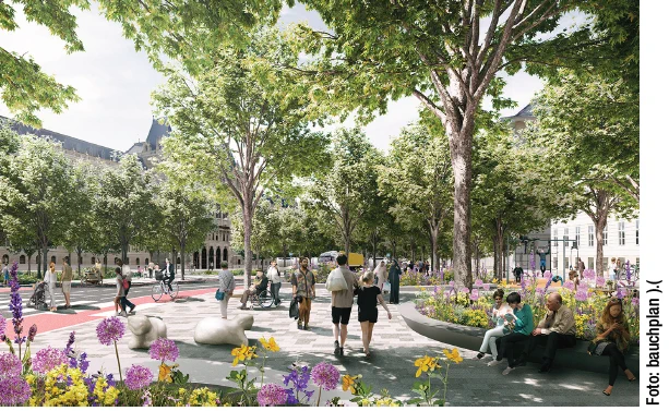 Rendering Zweierlinie als begrünter Boulevard 