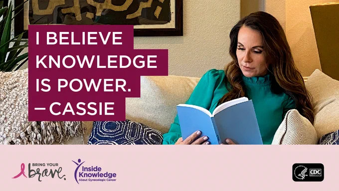 A photo of a woman reading with text “I believe knowledge is power. -Cassie”  