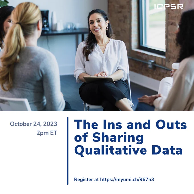 Four people sit indoors in a focus group with text, "The Ins and Outs of Sharing Qualitative Data"