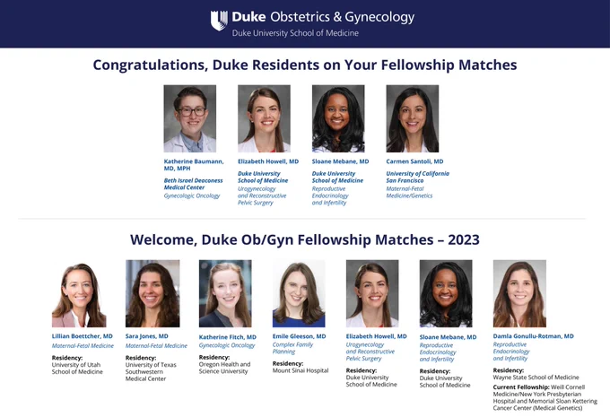 Duke Residents Fellowship Matches

Katherine Baumann, MD, MPH
Beth Israel Deaconess Medical Center
Gyn Onc

Elizabeth Howell, MD
Duke University SoM
Urogynecology and Reconstructive Pelvic Surgery

Sloane Mebane, MD
Duke University SoM
Reproductive Endocrinology & Infertility

Carmen Santoli, MD
University of California San Francisco
Maternal-Fetal Medicine/Genetics

Duke Ob/Gyn Fellowship Matches 2023

Lillian Boettcher, MD
Maternal-Fetal Medicine
Residency: University of Utah SoM

Sara Jones, MD
Maternal-Fetal Medicine
Residency: University of Texas Southwestern Med Ctr

Katherine Fitch, MD
Gynecologic Oncology
Residency: Oregon Health and Science Univ

Emile Gleeson, MD
Complex Family Planning
Residency: Mount Sinai Hospital

Elizabeth Howell, MD
Urogynecology and Reconstructive Pelvic Surgery
Residency: Duke SoM

Sloane Mebane, MD
Reproductive Endocrinology and Infertility 
Residency: Duke SoM

Damla Gonullu-Rotman, MD
Reproductive Endocrinology & Infertility
Residency: Wayne State