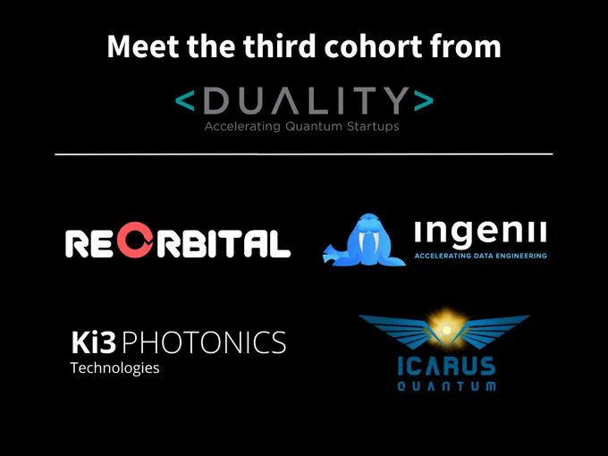 Duality Quantum Accelerator program cohort 3 company logos: reOrbital, Ingenii, Ki3 Photonics, and Icarus Quantum. 