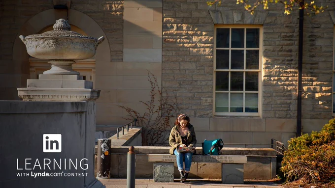 Student studying on bench on campus