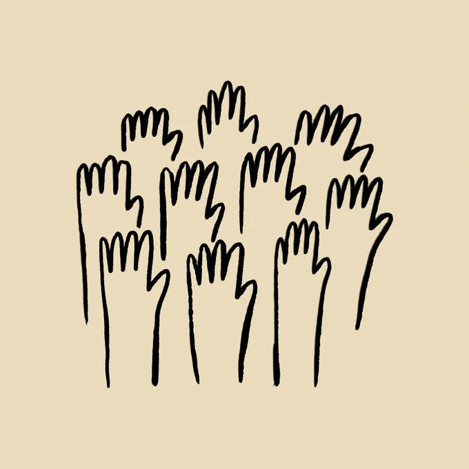 An illustration of a group of hands raised in the air.
