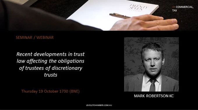 Mark Robertson KC profile photo underneath close up image of a presenter at a lectern.
