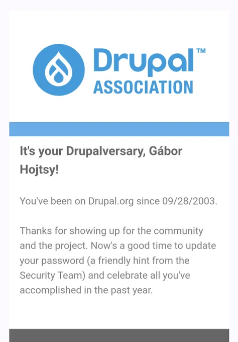 20th Drupalversary email from the Drupal Association