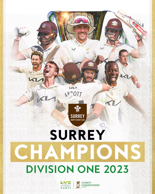 Surrey champions of Division One 2023

Surrey players in front of the LV= Insurance County Championship trophy: Dom Sibley, Rory Burns, Jamie Smith, Jordan Clark, Tom Lawes, Sean Abbott, Kemar Roach, Dan Worrall