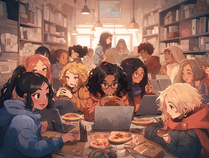 large group of young women eating pizzas and working at laptops in a room lined with bookshelves