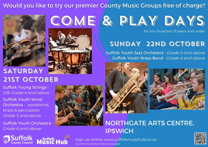 A poster advertising free 'Come and Play Days' for Suffolk County Music Groups on 21 & 22 October 2023. 
