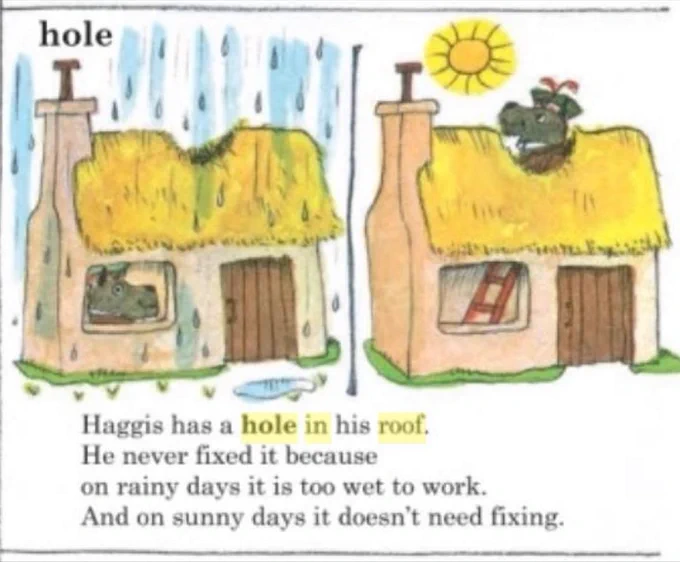 A cartoon showing a house with a hole in the roof in the rain, followed by the same house with a hole in the roof on a sunny day. The caption reads: Haggis has a hole in his roof. He never fixed it because on rainy days it is too wet to work. And on sunny days it doesn't need fixing.
