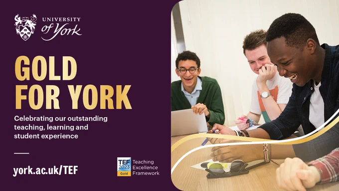 Students laugh as they work at a desk. To the left, gold text on a purple background reads: Gold for York. Celebrating our outstanding teaching, learning and student experience. york.ac.uk/TEF