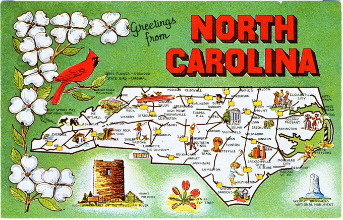 postcard - greetings from North Carolina with an illustrated map of NC. 