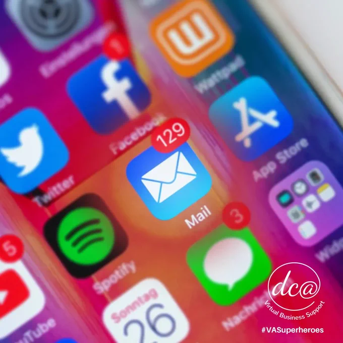 Close up image of a smart phone with a focus on the Mail app. DCA Virtual Business Support #VASuperheroes.