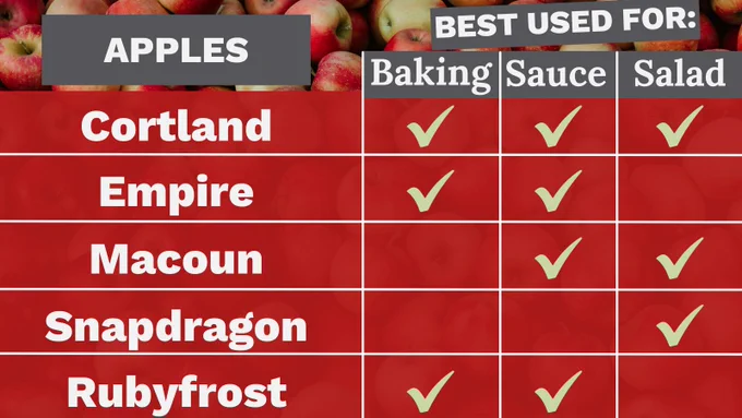 Cortland apple: best used for baking, sauce, salads
Empire apple: best used for baking, sauce
Macoun apple: best used for sauce, salads
Snapdragon apples: best used for salads
Rubyfrost apples: best used for baking, sauce
