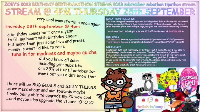 a tacky infographic with clip art and rainbows detailing zoey's birthdayathon and the madness that will occur on it on thursday 28th at 4pm