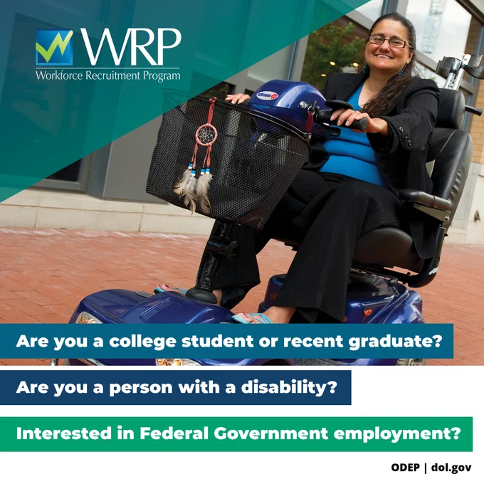 Person dressed in professional attire drives her motorized scooter down a brick sidewalk and smiles at the camera.  The WRP logo is in the left corner and ODEP and dol.gov are in the lower right. 