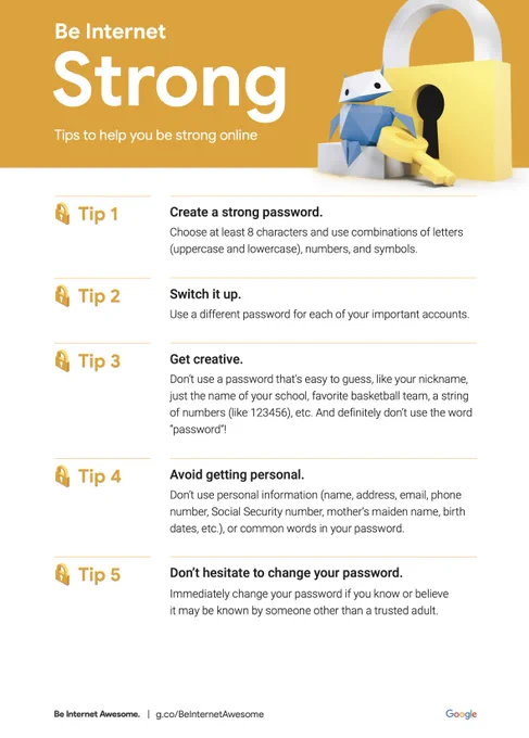 Be Internet Awesome's five tips to being Internet Strong. In the printable sheet the Internaut is sitting next to a large lock and holding a key