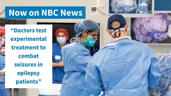 Neurosurgeons working in an OR. Text on screen says Now on NBC News "Doctors test experimental treatment to combat seizures in epilepsy patients" 