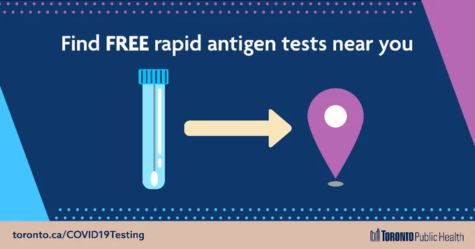 Image of a test tube with an arrow pointing to a pin location. Text reads “Find FREE rapid antigen tests near you”