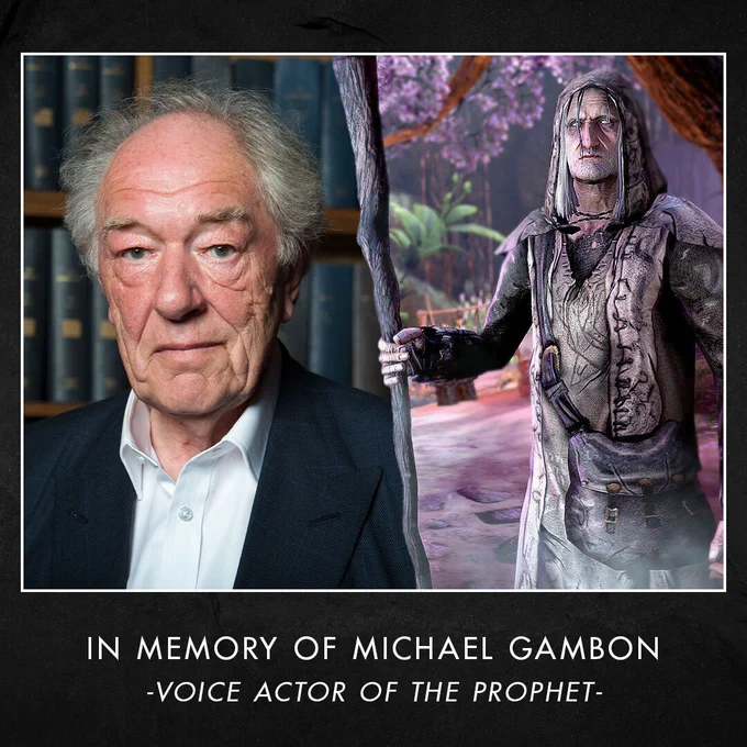 A simple frame depicts Sir Michael gambon next to the likeness of the character he plays, Varen Aquilarios, The Prophet. White text below reads: In Memory of Michael Gambon, Voice Actor of The Prophet