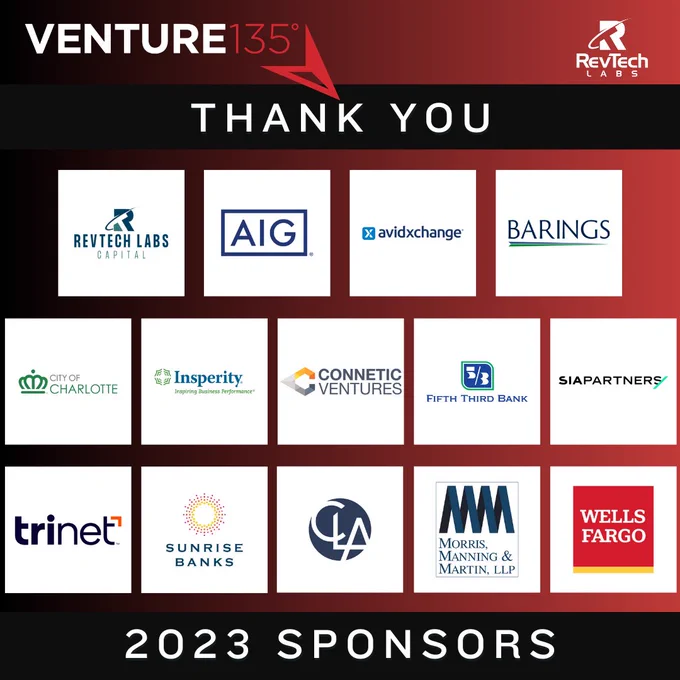 📢Shoutout to our esteemed sponsors for their invaluable contribution to the success of this year's Venture135 conference. Your unwavering support fuels innovation and fosters meaningful connections.🔻🔻🔻

-RevTech Labs Capital
-AIG
-AvidXchange, Inc.
-Barings
-City of Charlotte
-Insperity
-Connetic Ventures
-Fifth Third Bank
-Sia Partners
-TriNet
-Sunrise Banks
-CLA (CliftonLarsonAllen)
-Morris, Manning & Martin, LLP
-Wells Fargo

We only work with the best! Check out our partners & join us on November 14-15 at Barings in Charlotte, NC.👉 https://lnkd.in/gGctbhkH
