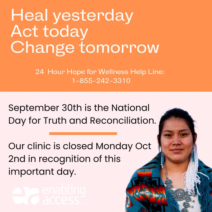 Orange and pink background with photo of a young Indigenous woman and text that reads, “Heal yesterday, Act today, Change tomorrow”