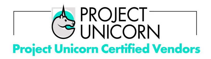 The graphic features the Project Unicorn Logo and reads "Project Unicorn Certified vendors"