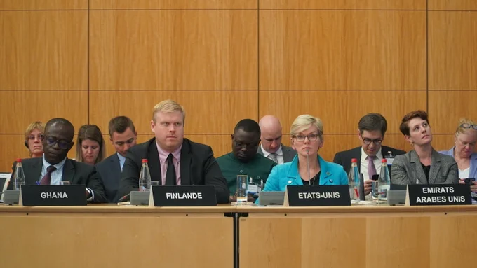 Secretary Granholm sits with members of the Nuclear Energy Agency (NEA) at the Roadmaps to New Nuclear forum in Paris, France, on September 28, 2023.