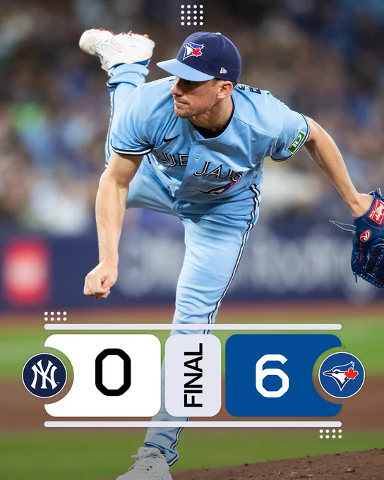 Final Score: Yankees 0, Blue Jays 6.
Pictured: Chris Bassitt after throwing a pitch with his right leg in the air while wearing a baby blue Blue Jays uniform.