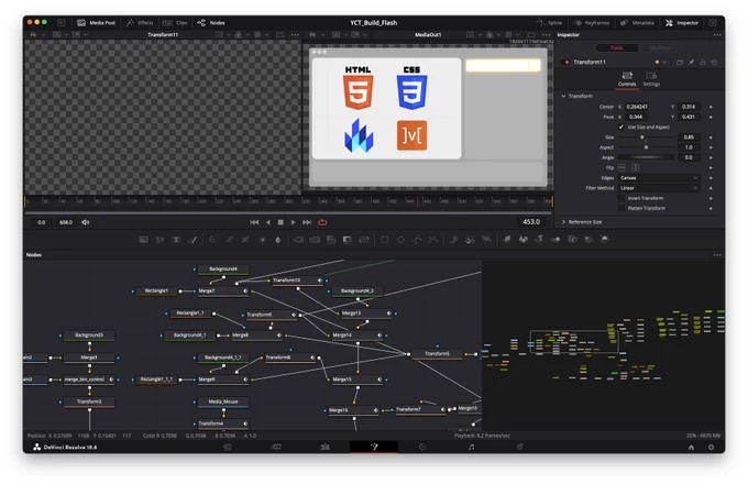 A screenshot of DaVinci Resolve, fusion panel. There are four logos in the media preview: HTML, CSS, a blue flame (Lit logo), and the mobx logo. Then there's a huge tangle of nodes in the node compositor area of the fusion panel. It's a complete mess.