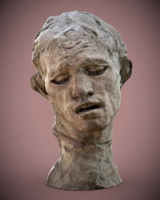 2D render of a 3D scan of Heroic Head of Pierre de Wissant, 1886 by Auguste Rodin. He has a pained expression.
