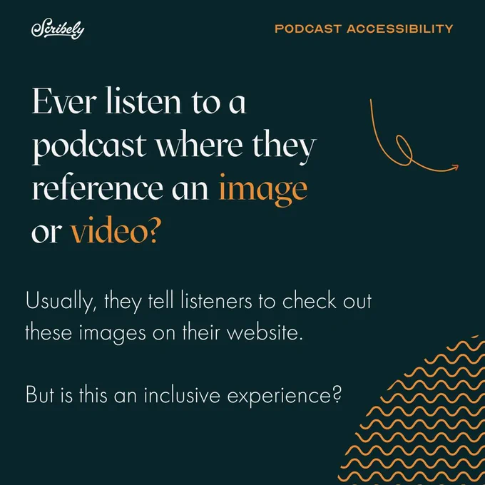 Second image reads, “Ever listen to a podcast where they reference an image or video? Usually, they tell listeners to check out these images on their website. But is this an inclusive experience?”