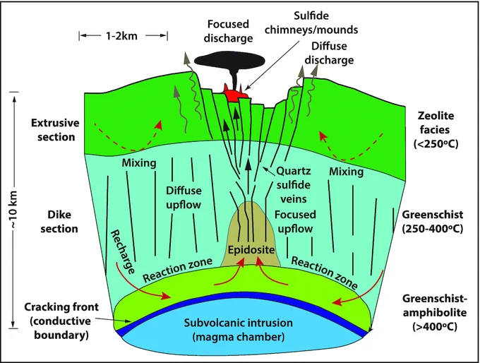 Figure from paper. Caption: Model for the genesis of volcanogenic massive sulfide (VMS) deposits. While based on mafic VMS deposits in ophiolites and on modern systems, generalizations shown here are applicable to most VMS deposits. Solid red lines represent deep hydrothermal fluid recharge (downwelling), dashed red lines represent shallow hydrothermal fluid recharge (downwelling), solid black arrows represent focused hydrothermal fluid discharge (upwelling), and grey solid arrows represent diffuse hydrothermal fluid discharge (upwelling). Dark blue area area represents the top of the subvolcanic magma chamber (partly crystallized?). Modified from Alt (1995) and Hannington (2014).