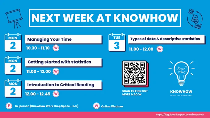 Next Week at KnowHow.

Monday 2nd October.
Managing your time at 10:30 to 11.10.
Online Webinar.

Monday 2nd October.
Getting started with statistics at 11:00 to 12.00.
Online Webinar.

Monday 2nd October.
Introduction to critical reading at 12:00 to 12.45.
Online Webinar.

Tuesday 3rd October.
Types of data and descriptive statistics at 11:00 to 12.00.
Online Webinar.

Find out more and book:
https://libguides.liverpool.ac.uk/knowhow