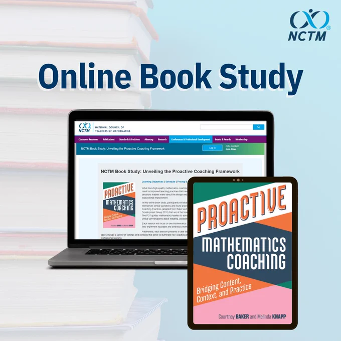 Image of laptop showing the online book study web page and an iPad showing the cover of the Proactive Mathematics Coaching book; Online Book Study; NCTM logo 