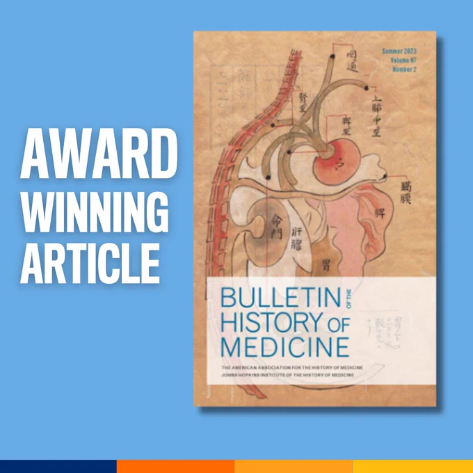 White text on a blue background: “Award Winning Article” to the left of the cover art from the Summer 2023 issue of the Bulletin of the History of Medicine