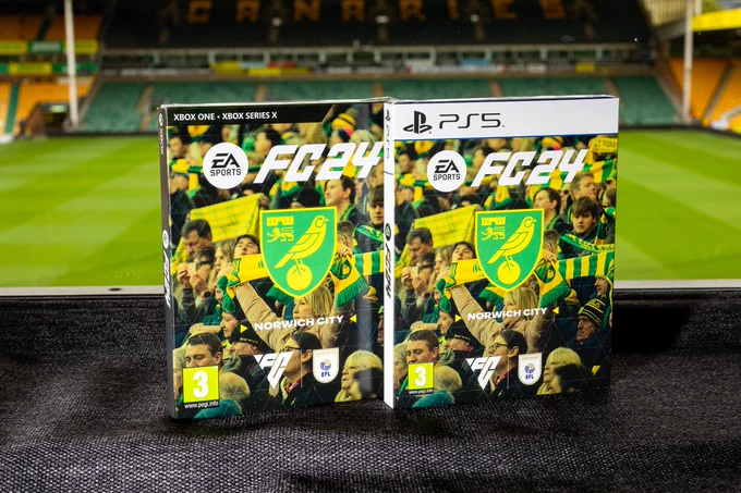 Two copies of FC24 with Carrow Road as a backdrop - enter the competition for your chance to win. 