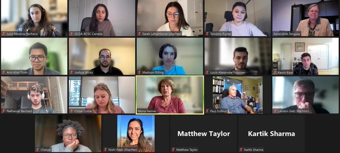 Une capture d'écran d'une rencontre virtuelle entre la conseillère scientifique en chef et les membres du Conseil jeunesse. 