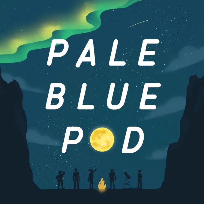 Cover art for pale blue pod. Shows a few silhouetted people observing the night sky