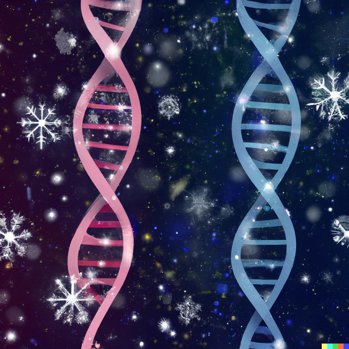 A metaphor for mutational coldspots, regions in genes which have lower mutation risk. Graphic shows an illustration of DNA double helix, with snowflakes in the background. DALL-E generated image.