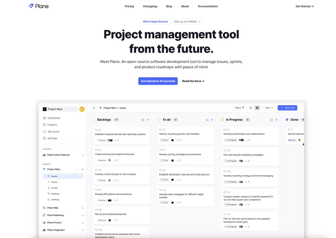 Screenshot of Plane.so's landing page.

Project management tool
from the future.
Meet Plane. An open-source software development tool to manage issues, sprints, and product roadmaps with peace of mind.