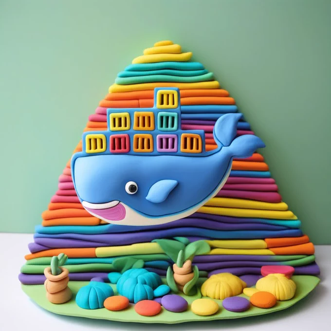 The Moby whale (Docker's mascot) in a clay representation with lots of fun and bright colors and decorations, generated by an AI model