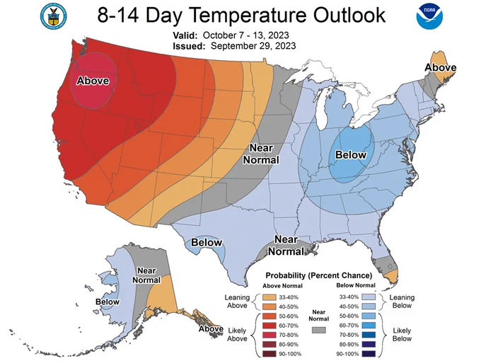 The 8-14 Day Temperature Outlook shows an increased likelihood of below normal temperatures in the eastern United States October 7-14.