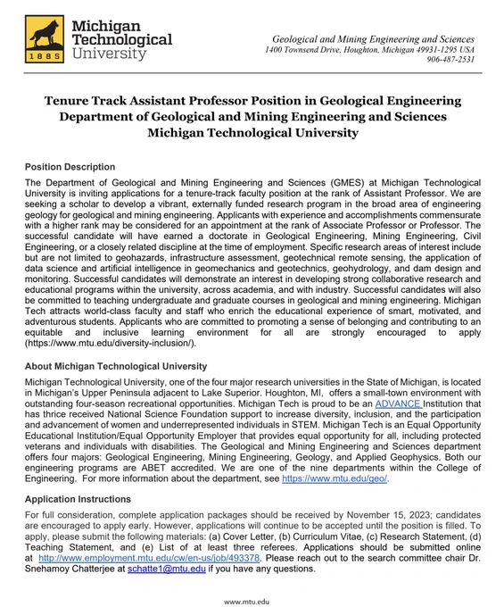 Tenure Track Assistant Professor in Geological Engineering:  
https://www.employment.mtu.edu/cw/en-us/job/493378