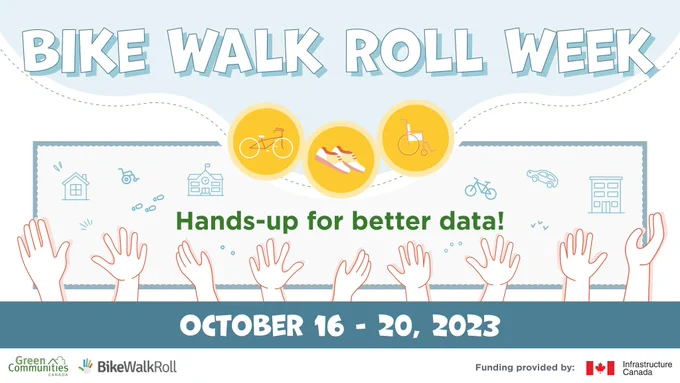 Graphic with illustrations of several students' raised hands. The text reads "Bike Walk Roll Week. Hands-up for better data! October 16-20, 2023".