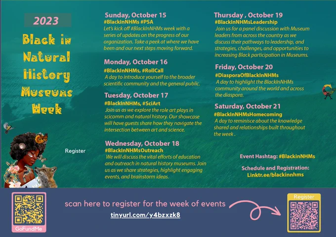 A flyer showing the events of the week. On the left top it says 2023 Black InNatural History Museum week, with our logo beneath. To the right of this is the text sharing contents for each day and below all of this are 2 QR codes, one for registration and one to donate to our PayPal giving fund.